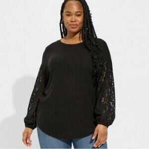 Torrid Black Waffle Crew Neck Drop Shoulder Lace Top